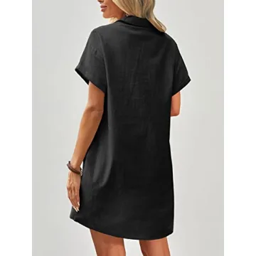 Zeagoo Womens Casual Dress Summer Button Down Shirt Dress Mini Dress Solid Color Cotton Dress Black S