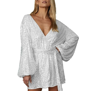 Ababalaya Sequin Mini Dress for Women Sparkly Sexy V Neckline Long Sleeve Wrap Around Dresses Glitte...