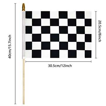 Uelfbaby 2Pcs 8x12 Inch Checkered Flags Black and White Racing Flags on Stick, Formula One F1 Racing Flag Hand Held Stick Flags NASCAR Flags with Kid-Safe Spear Top, Children's Party Decoration