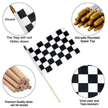 Uelfbaby 2Pcs 8x12 Inch Checkered Flags Black and White Racing Flags on Stick, Formula One F1 Racing Flag Hand Held Stick Flags NASCAR Flags with Kid-Safe Spear Top, Children's Party Decoration