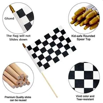 Uelfbaby 2Pcs 8x12 Inch Checkered Flags Black and White Racing Flags on Stick, Formula One F1 Racing Flag Hand Held Stick Flags NASCAR Flags with Kid-Safe Spear Top, Children's Party Decoration