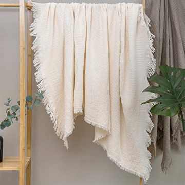 GLORY SEASON Cotton Throw Blanket in Cream - Cozy & Lightweight