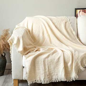 GLORY SEASON Cotton Throw Blanket in Cream - Cozy & Lightweight