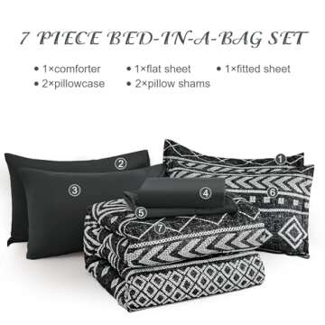 Yiran Black Comforter Set King Size, Boho Aztec Comforter Bedding Set, 7 Piece Bohemian Bed in a Bag, Soft Microfiber Striped Complete Bedding Set with Sheets for All Season