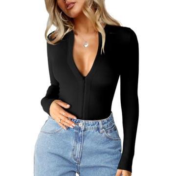 CSDAJIO Women's Casual Zip Up Long Sleeve Ribbed Top - Versatile Wardrobe Essential