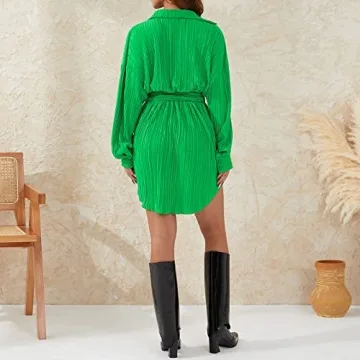 TUSFTAY Women Green Pleated Mini Shirt Dress Party Wear