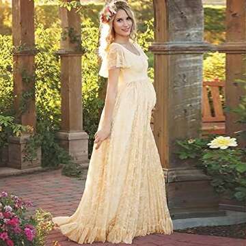 IWEMEK Women Ruched Floral Lace Maternity Photography Prop Maxi Dress Fancy Wedding Pregnancy Gown for Baby Shower Photoshoot Yellow