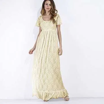 IWEMEK Women Ruched Floral Lace Maternity Photography Prop Maxi Dress Fancy Wedding Pregnancy Gown for Baby Shower Photoshoot Yellow