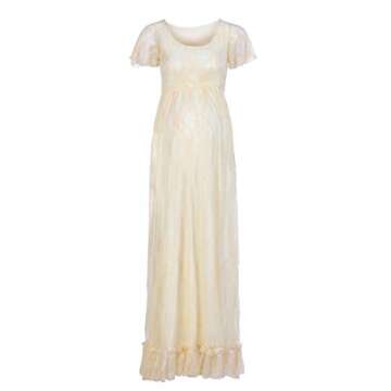 IWEMEK Women Ruched Floral Lace Maternity Photography Prop Maxi Dress Fancy Wedding Pregnancy Gown for Baby Shower Photoshoot Yellow