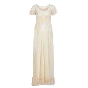 IWEMEK Women Ruched Floral Lace Maternity Photography Prop Maxi Dress Fancy Wedding Pregnancy Gown for Baby Shower Photoshoot Yellow