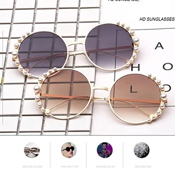 FASGION Pearl Sunglasses Women Fashion Metal Frame Round Sun Glasses Summer Trend Shading Mirror UV400 (Color : Gold gray, Size : Talla Única)