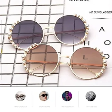 FASGION Pearl Sunglasses Women Fashion Metal Frame Round Sun Glasses Summer Trend Shading Mirror UV400 (Color : Gold gray, Size : Talla Única)