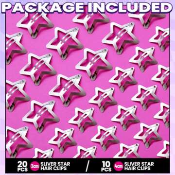 YGDZ Star Hair Clips and Barrettes Set - 20 pcs 1.22" Y2K Hair Accessories, 10 pcs 1.61" Silver Clips for Girls Women, Rave Accessories, Non-Slip Metal Snap Hair Clips