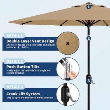 9Ft Patio Umbrella - 8 Sturdy Ribs Outdoor Table Umbrella with Crank Lift & Push Button Tilt - Marke...