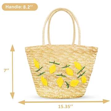 QTKJ Summer Straw Bag, Beach Bag for Women, Handwoven Handbag Vintage Lemon Pattern Embroidery, Larg...