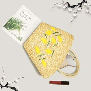 QTKJ Summer Straw Bag, Beach Bag for Women, Handwoven Handbag Vintage Lemon Pattern Embroidery, Large Rattan Tote Bag Suitable for Vacation Seaside Travel