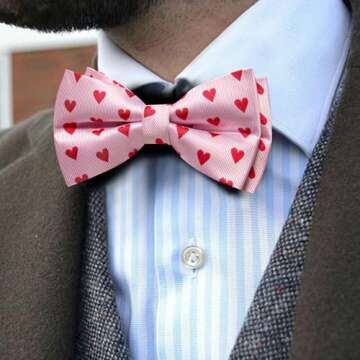 Barry.Wang Valentines Pink Red Heart Bow Tie for Men Silk Pre-Tied Bowtie Pocket Square Cufflinks Se...