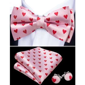 Barry.Wang Valentines Pink Red Heart Bow Tie for Men Silk Pre-Tied Bowtie Pocket Square Cufflinks Set Formal Wedding Party Prom