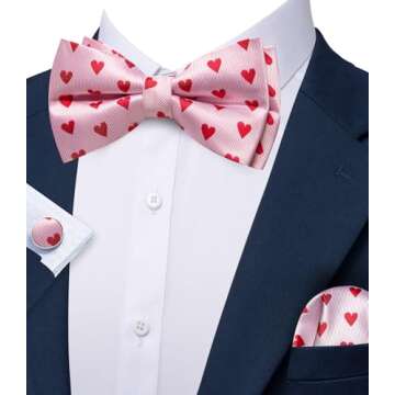 Barry.Wang Valentines Pink Red Heart Bow Tie for Men Silk Pre-Tied Bowtie Pocket Square Cufflinks Set Formal Wedding Party Prom