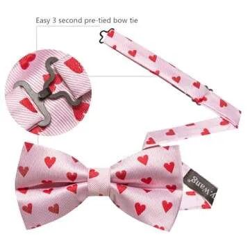 Barry.Wang Valentines Pink Red Heart Bow Tie for Men Silk Pre-Tied Bowtie Pocket Square Cufflinks Set Formal Wedding Party Prom