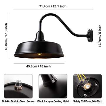 Naurham Barn Lights Outdoor Gooseneck Lighting, 18" Diameter Dusk to Dawn Exterior Lights for House, Farmhouse Lighting Fixtures with Photocell for Porch Garage (1, 18" Diameter)