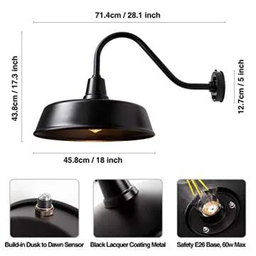 Naurham Barn Lights Outdoor Gooseneck Lighting, 18" Diameter Dusk to Dawn Exterior Lights for House, Farmhouse Lighting Fixtures with Photocell for Porch Garage (1, 18" Diameter)