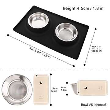Dog Bowls with Mat, Cat Water Food Bowl Set (13.5oz Each) in No Spill Silicone Mat, Dual Pet Feeder Bowl for Puppy, Cats, Small Medium Dogs (Square, Black)