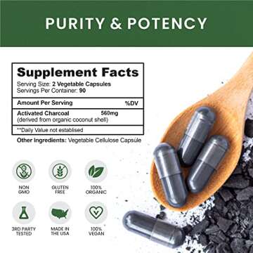 Pure Coconut Activated Charcoal Capsules - 180 Charcoal Pills, Helps with Teeth Whitening, Bloating and Body Cleansing. Non-GMO - Gluten Free, Vegan