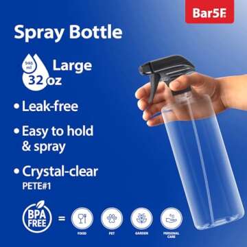 Bar5F Plastic Spray Bottle 32-Ounce for Cleaning and Gardening Heavy-Duty Crystal-Clear BPA-Free 3-P...