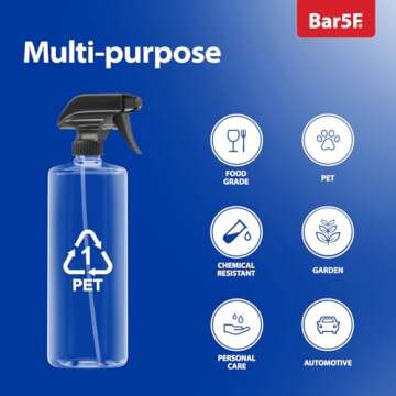 Bar5F Plastic Spray Bottle 32-Ounce for Cleaning and Gardening Heavy-Duty Crystal-Clear BPA-Free 3-Pack Made in USA