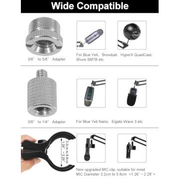 Mic Stand Floor Boom Arm for Blue Yeti, Nano, Snowball, HyperX QuadCast, Shure SM7B MV7, Fifine K688 and More Mic, Floor Microphone Stand with 3/8" to 5/8" 1/4" Screw, Pop Filter Mic Clip Cable Ties