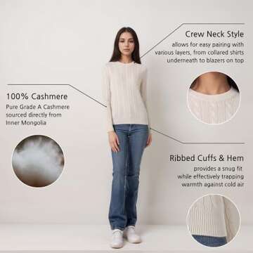 Hearth Cashmere 100% Pure Cashmere Ladies' Cable Crew Neck Sweater