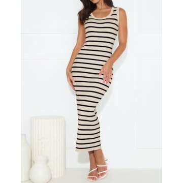 ZESICA Women's Summer Square Neck Bodycon Midi Dresses 2025 Casual Sleeveless Ribbed Knit Striped Be...