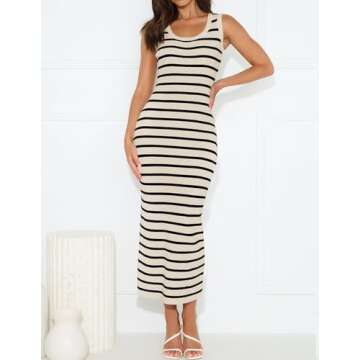 ZESICA Women's Summer Square Neck Bodycon Midi Dresses 2025 Casual Sleeveless Ribbed Knit Striped Beach Vacation Long Dress,Apricot,Small