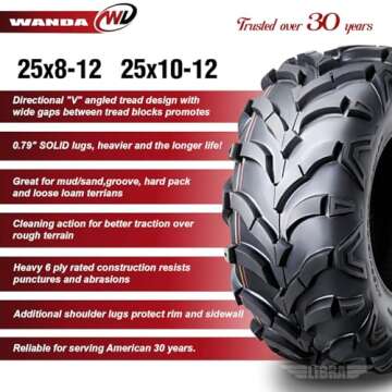 WANDA Set of 4 ATV/UTV Tires 25X8-12 & 25X10-12 P341 Solid Deep Tread for Honda Pioneer 500