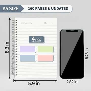 SUNEE 4 Pack Spiral Notebook - A5 Lined Journal Notebook 5.9 x 8.3 Inches 8mm Ruled 80 Sheets/160 Pages - Journals for Study and Notes (pink, blue, green, purple)