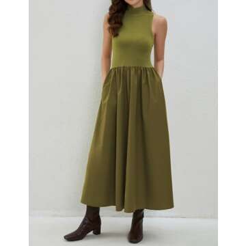 Dsewpaur Sleeveless Maxi Dress for Women Patchwork Turtleneck Pullover Dresses with Pockets Casual Plain Flowy Long Dress Green