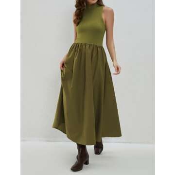 Dsewpaur Sleeveless Maxi Dress for Women Patchwork Turtleneck Pullover Dresses with Pockets Casual Plain Flowy Long Dress Green