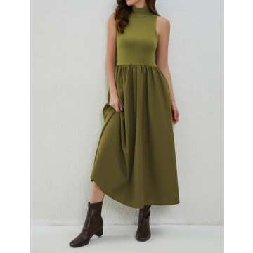 Dsewpaur Sleeveless Maxi Dress for Women Patchwork Turtleneck Pullover Dresses with Pockets Casual Plain Flowy Long Dress Green