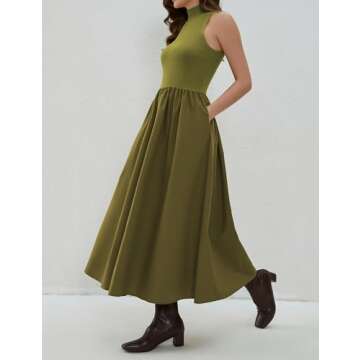 Dsewpaur Sleeveless Maxi Dress for Women Patchwork Turtleneck Pullover Dresses with Pockets Casual Plain Flowy Long Dress Green