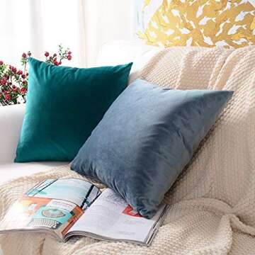 MERNETTE New Year/Christmas Decorations Velvet Soft Decorative Square Throw Pillow Cover Cushion Covers Pillowcase, Home Decor for Party/Xmas 20x20 Inch/50x50 cm, Blue Green, Set of 2