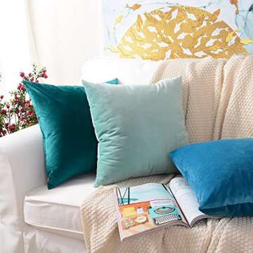 MERNETTE New Year/Christmas Decorations Velvet Soft Decorative Square Throw Pillow Cover Cushion Covers Pillowcase, Home Decor for Party/Xmas 20x20 Inch/50x50 cm, Blue Green, Set of 2