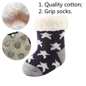 3 Pairs Toddler Girl Boy Sherpa-lined Fuzzy Socks Anti Skid with Grips, Baby Girl Boy Christmas Socks Kids Slipper Socks