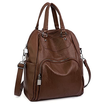 UTO Women Backpack Purse PU Washed Leather Convertible Ladies Rucksack Crossbody Shoulder Bag Brown