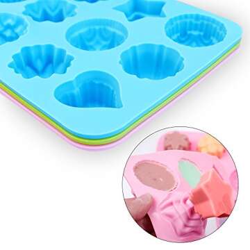 homEdge Food Grade Silicone Flowers Molds, Baking Pan with Flowers and Heart Shape Non-Stick 3-Pack Silicone Molds for Chocolate, Candy, Jelly, Ice Cube, Muffin (Pink, Blue and Green)