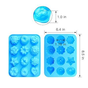 homEdge Food Grade Silicone Flowers Molds, Baking Pan with Flowers and Heart Shape Non-Stick 3-Pack Silicone Molds for Chocolate, Candy, Jelly, Ice Cube, Muffin (Pink, Blue and Green)