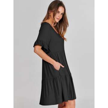 ANRABESS Dresses for Women Summer 2025 V Neck Ruffle Sleeve A Line Tiered Flowy Casual Trendy Mini Beach Dress with Pockets Black Small