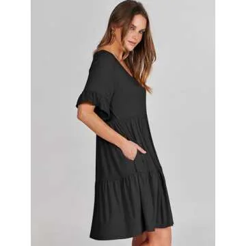 ANRABESS Dresses for Women Summer 2025 V Neck Ruffle Sleeve A Line Tiered Flowy Casual Trendy Mini Beach Dress with Pockets Black Small