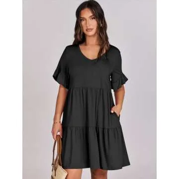 ANRABESS Dresses for Women Summer 2025 V Neck Ruffle Sleeve A Line Tiered Flowy Casual Trendy Mini Beach Dress with Pockets Black Small