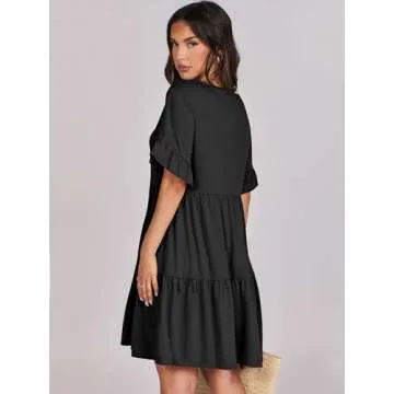 ANRABESS Dresses for Women Summer 2025 V Neck Ruffle Sleeve A Line Tiered Flowy Casual Trendy Mini Beach Dress with Pockets Black Small